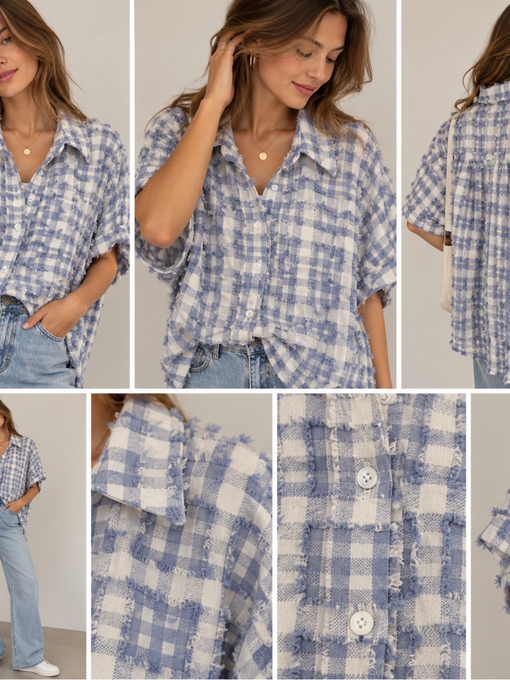 BiBi Blue & White Frayed Plaid Button-Down Shirt